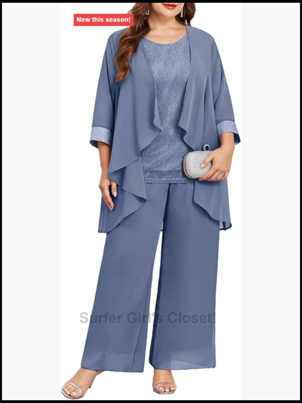 Plus Size 3 Piece Formal Pantsuit with Chiffon Jacket Sparkly Wedding Cocktail